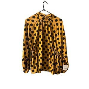 Zara Blouse Top Women's Size L Yellow Polka Dot Raglan Long Sleeve Round Neck